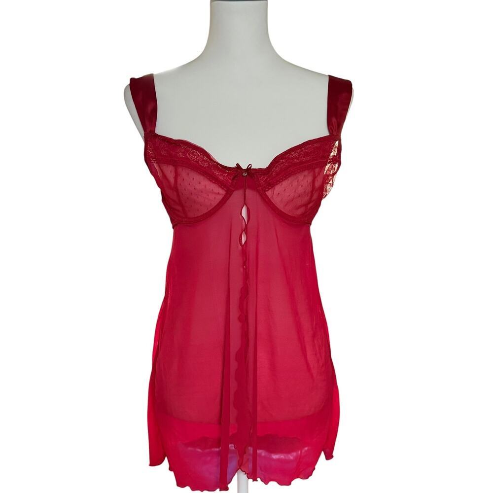 Vintage Y2K Gilligan & O'Malley Red Mesh Babydoll Lingerie Chemise Large